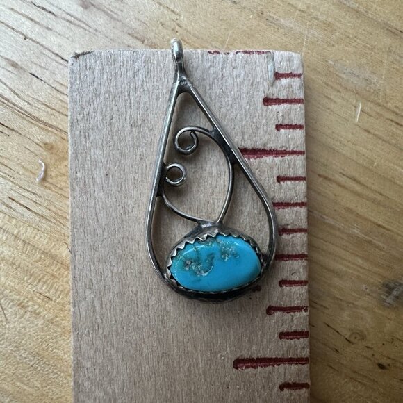 VTG Navajo Jerry Johnson JJ Pendant Teardrop 1 1/8" Blue Turquoise Sterling 2.4g - Picture 5 of 6